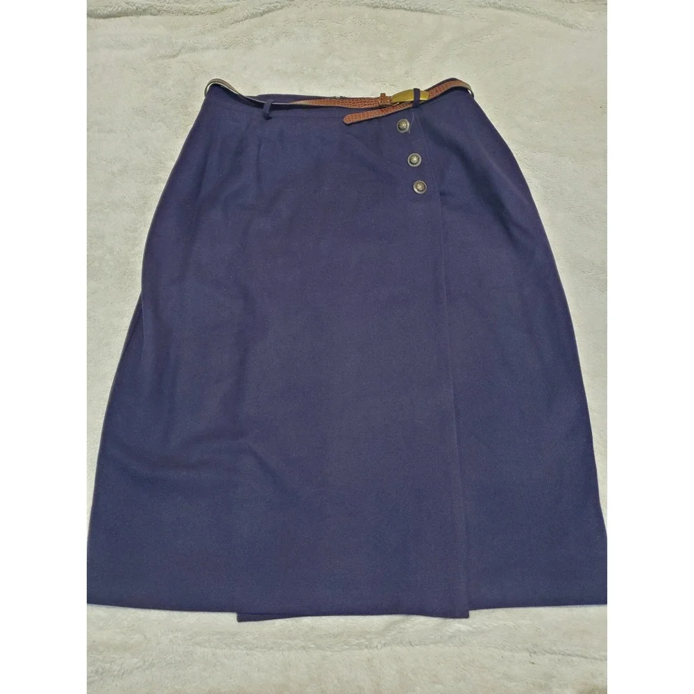 Vintage Navy Blue Wool A Line Wrap Belted Skirt 20W Academia Twee Office Classic - Picture 1 of 9